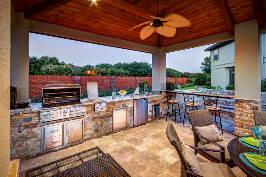 complete outdoor living rooms and kitchen