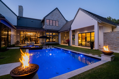 swimming pool with fire bowl