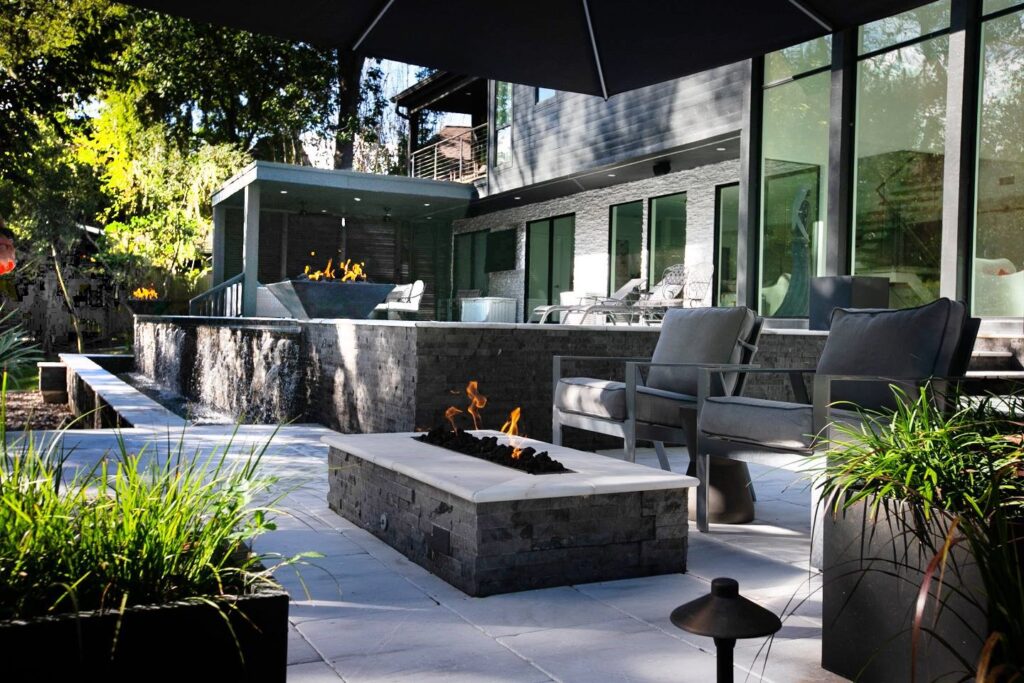 fire pit, pool and chairs