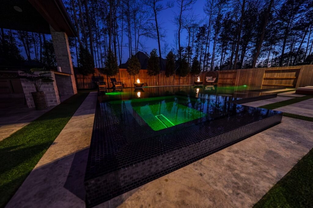 spa with green lights at night